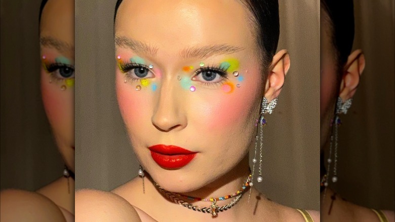 Colorful neon makeup with gems