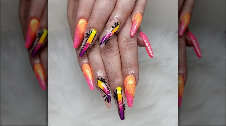 Glitter neon pigment nails, tropical accents 