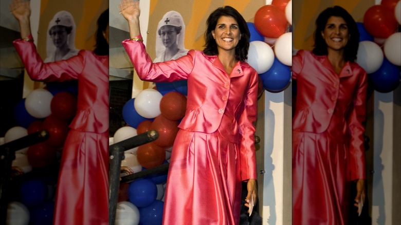 Nikki Haley wearing a shiny pink skirt suit in 2010.