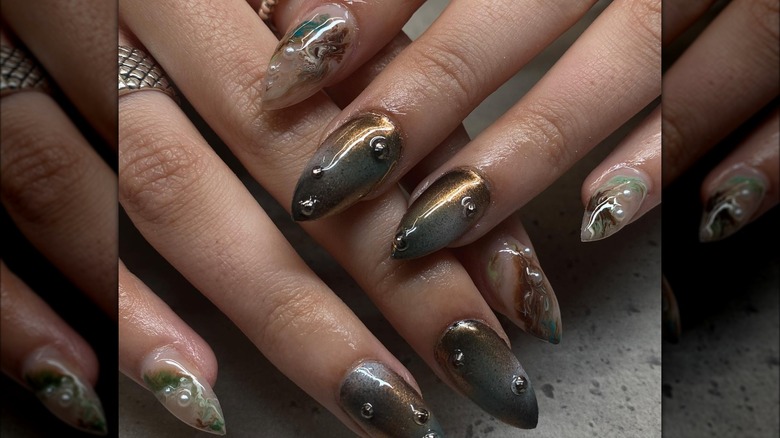 copper blue-black almond nails