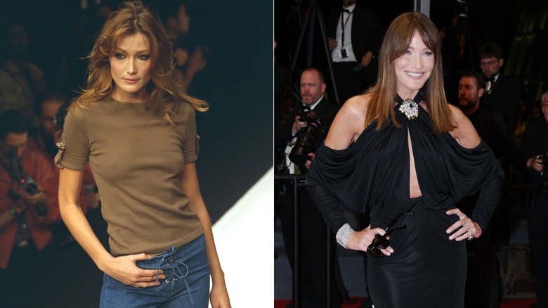 Side-by-side pictures of Carla Bruni at fashion events when she was young and now