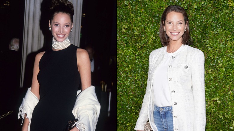 Side-by-side pictures of Christy Turlington that show her smiling in a black dress when she was younger and smiling in a white cardigan now