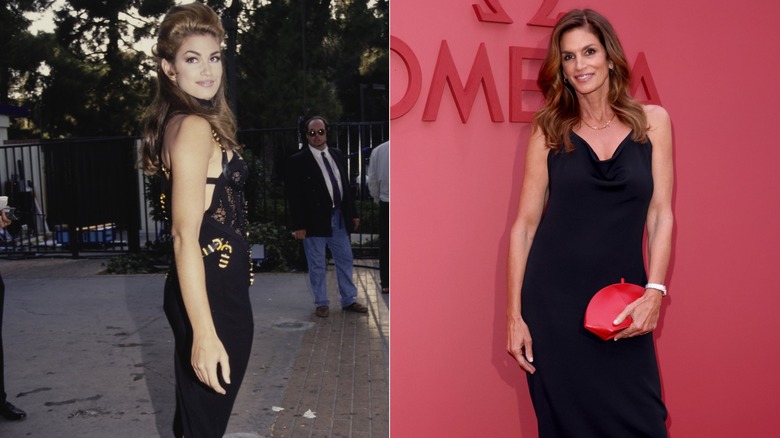 Side-by-side pictures of Cindy Crawford in black dresses she was younger and now