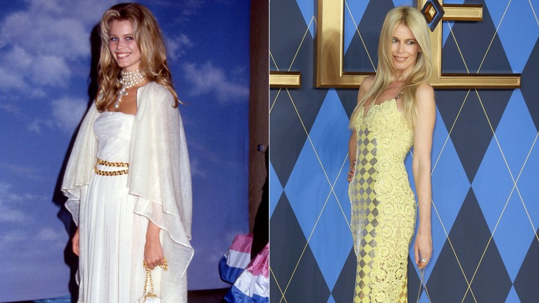 Side-by-side pictures of Claudia Schiffer smiling in gorgeous gowns when she was younger and now