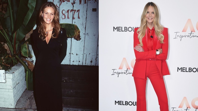 Side-by-side pictures of Elle Macpherson when she was young and now, the left showing her in a black dress and the right seeing her in a red suit