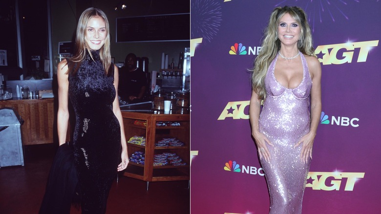 Side-by-side pictures of Heidi Klum in her youth and today, one in a black dress and one in a sparkly, purple dress