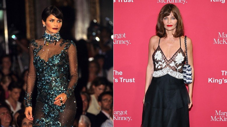 Side-by-side pictures of Helena Christensen that depict her in edgy and glamorous fashion in the '90s and now