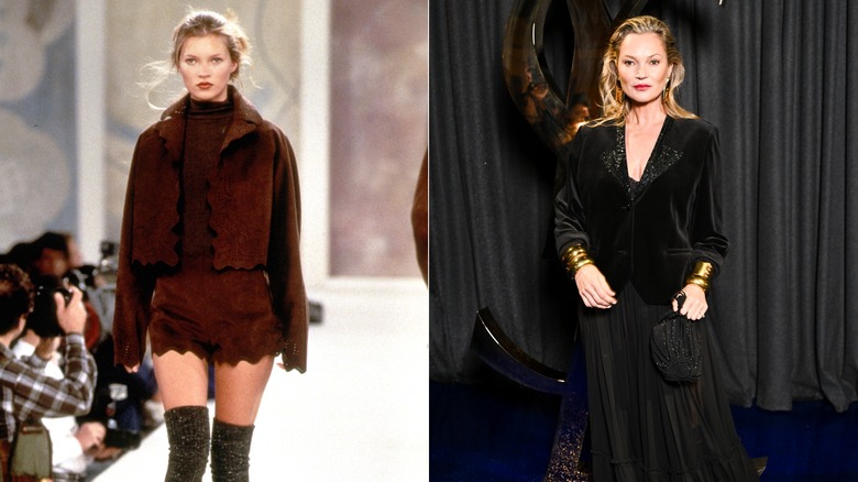 Side-by-side pictures of Kate Moss that show her walking a runway when she was young and attending a fashion event now