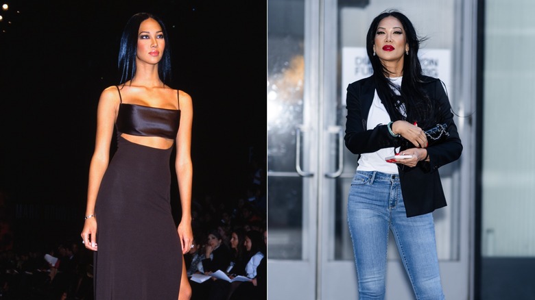 Side-by-side pictures of Kimora Lee Simmons when she was young and now, with the left showing her walking a runway in a two-piece set and the right showing her in a professional yet casual outfit of jeans, a shirt, and a blazer