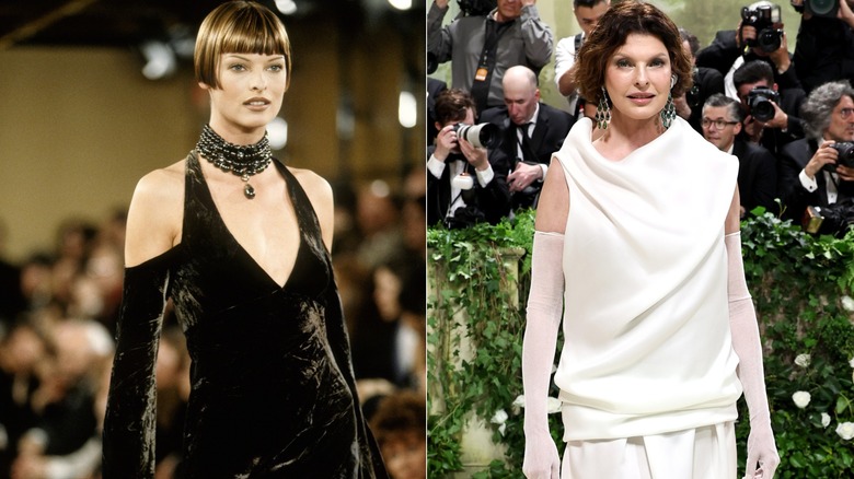 Side-by-side pictures of Linda Evangelista walking a runway as a young adult and at the Met Gala more recently