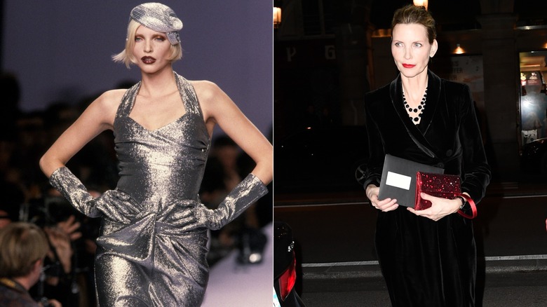 Side-by-side pictures of Nadja Auermann at fashion-industry events in her youth and now, with her wearing an all-silver outfit on a runway on the left and a black dress on the right