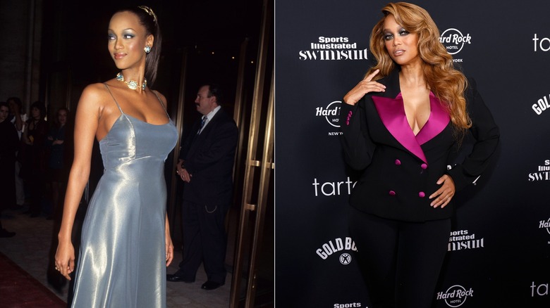 Side-by-side pictures of Tyra Banks posing at events when she was younger and today