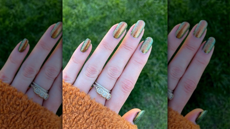 Orange, green shimmery nails