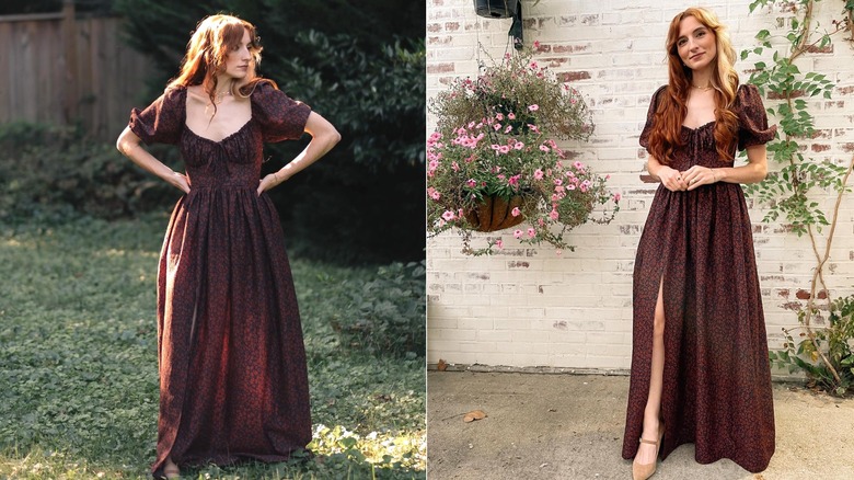 Woman wearing dark floral milkmaid dress