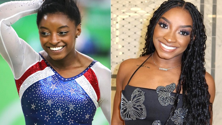 Simone Biles in 2016 and 2024