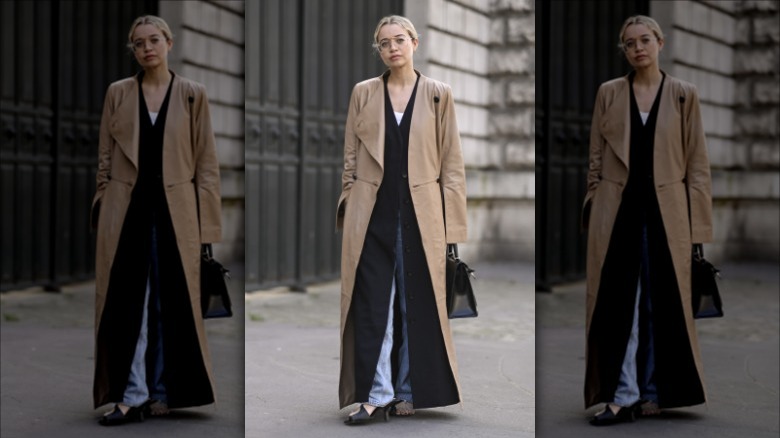 Tan leather trenchcoat with black coat