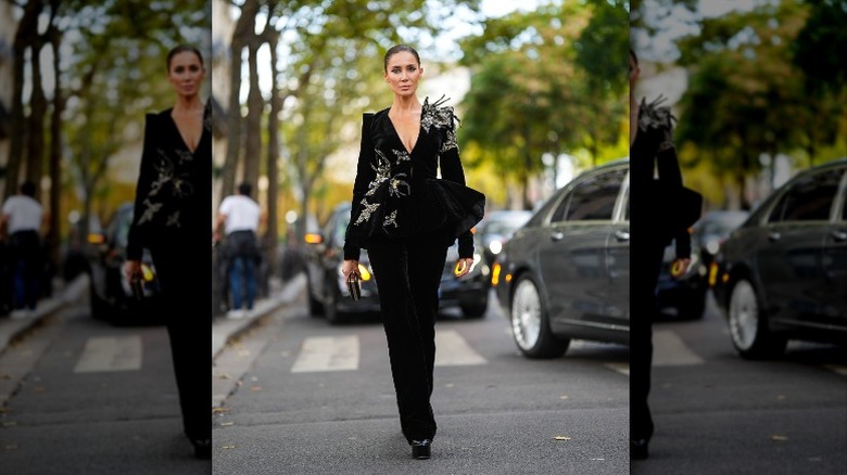 velvet pants and embroidered blazer