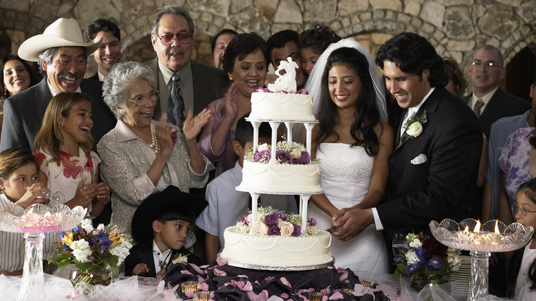 Couple cutting cake at wedding