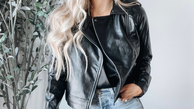 Dainty necklace leather jacket