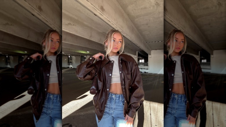 Hoop earrings and leather jacket