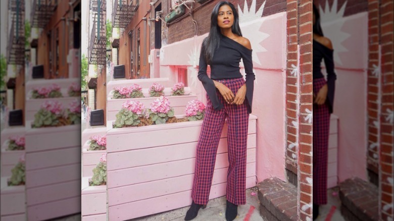 one-shoulder top and plaid pants