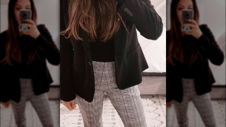 plaid pants with black blazer