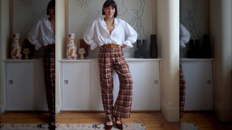 red plaid pants white blouse