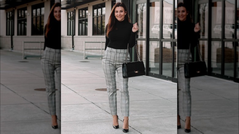 black turtleneck plaid pants