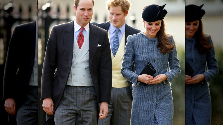 William, Harry, Kate in blue tweed coat