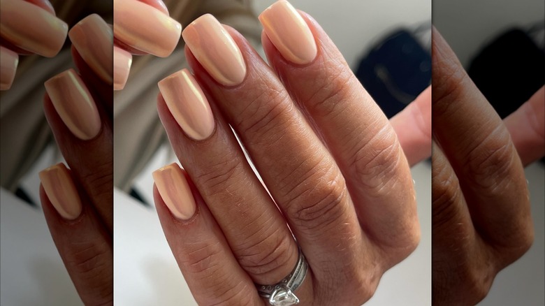 Chrome peach manicure square nails