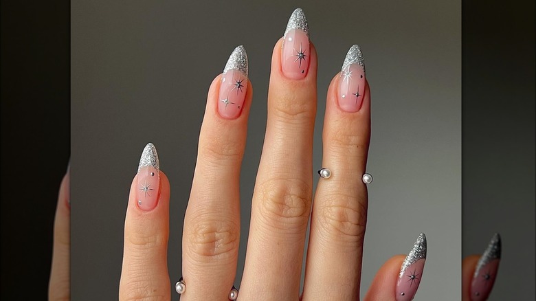 woman with silver French manicure