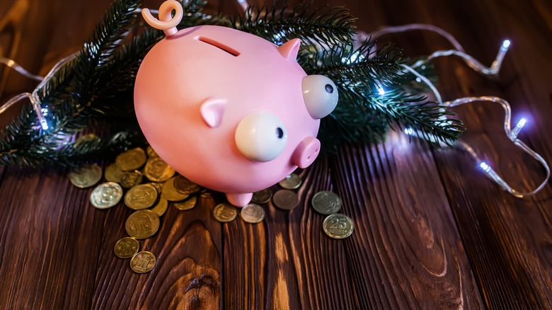 Piggy bank under xmas tree