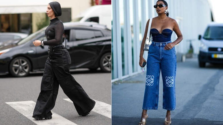 A woman wearing flare black jeans and another woman standing in blue wide-leg jeans