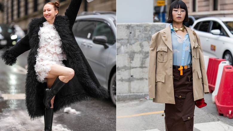 A woman wearing a bold floral sheer minidress and then a woman wearing a chunky bow choker necklace.