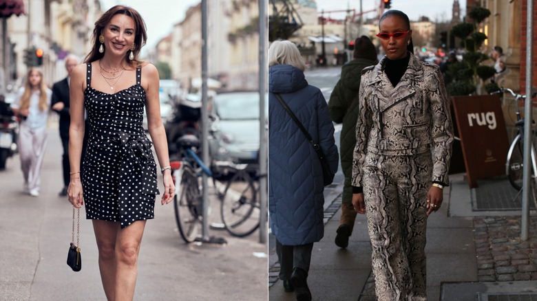 A woman walking in a polka-dot minidress, and then another woman walking in a snakeskin suit