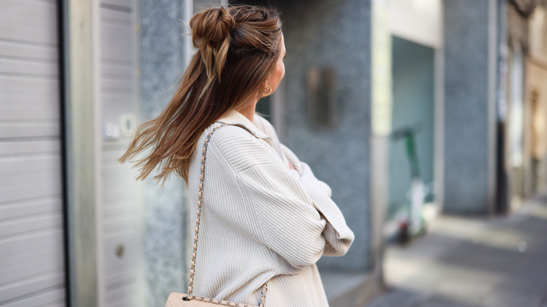 woman wearing half-up half-down hair