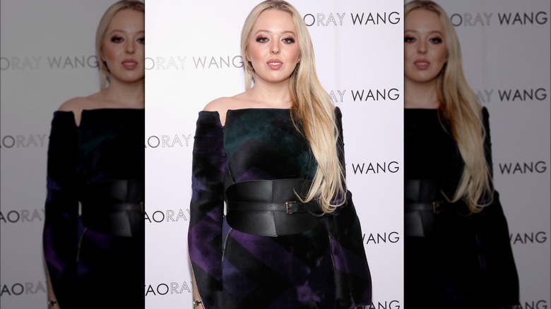 Tiffany Trump purple and green dress wide belt