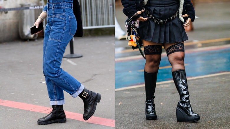 side by side image of combat boots and patent platform wedge boots