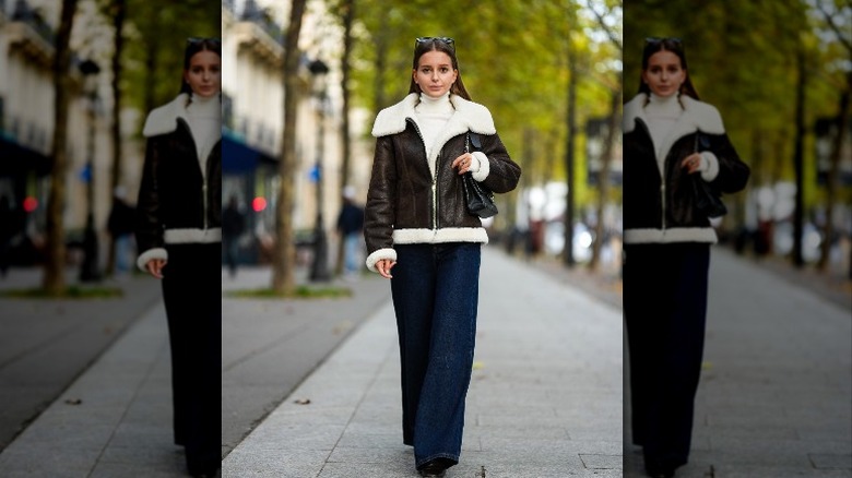 woman wearing shearling jacket