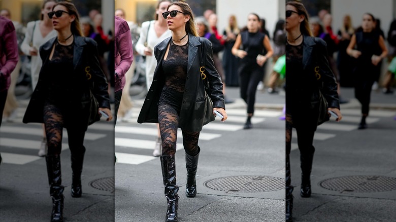 woman in lace bodysuit