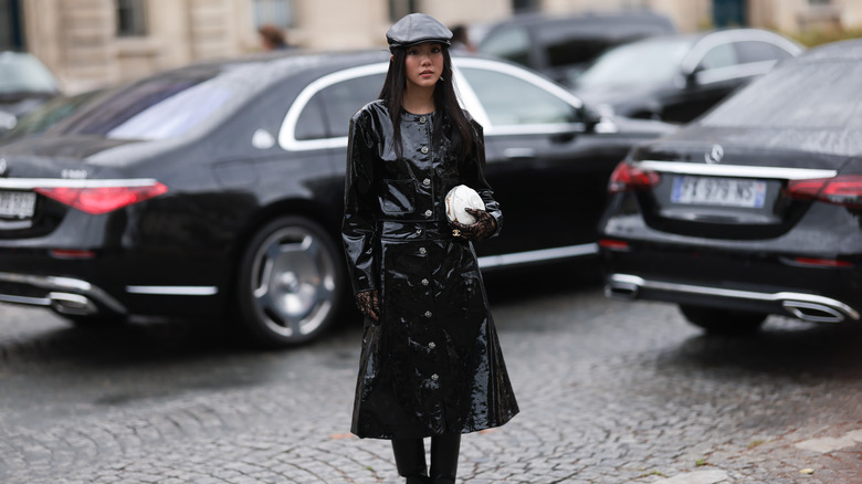 woman in leather coat