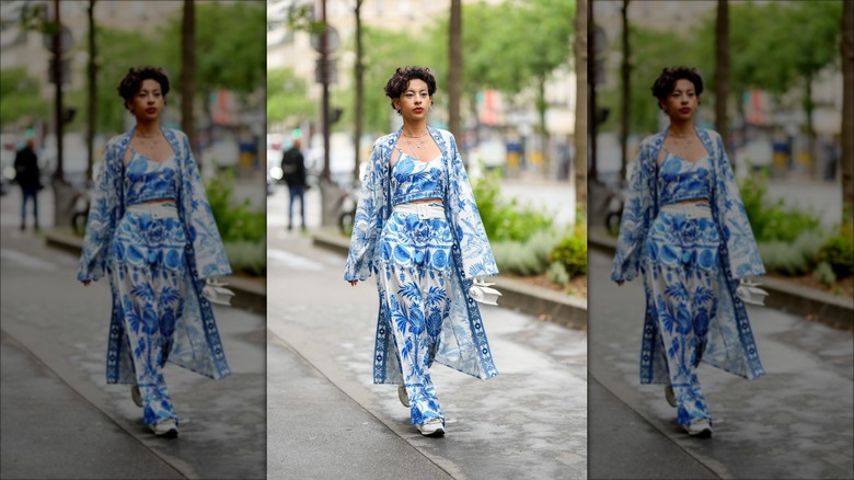 woman wearing printed kimono