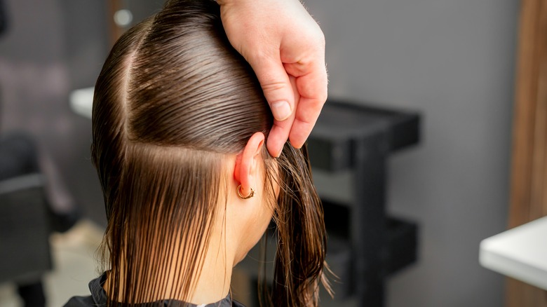 Professional sectioning a customer's hair