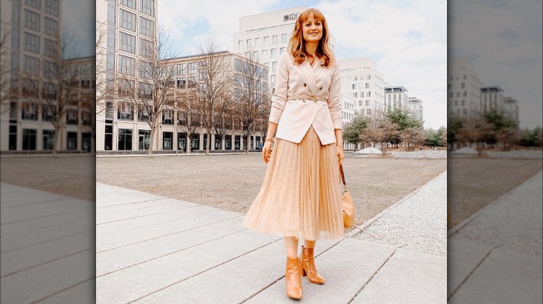 Blazer and midi skirt outfit