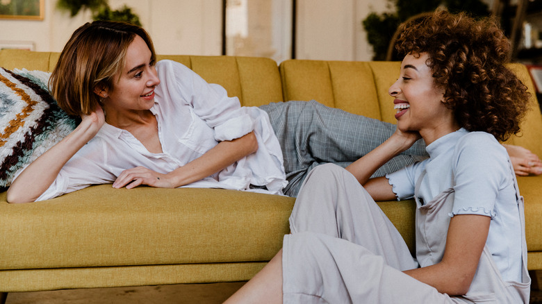 couple talking in living room