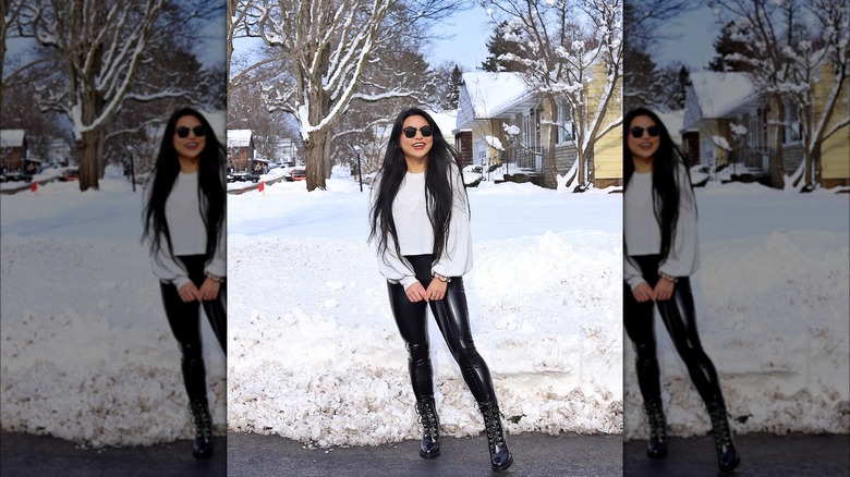 Patent leather boots with leather leggings