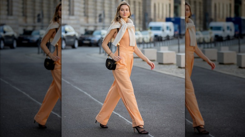 peach suit trousers tank top