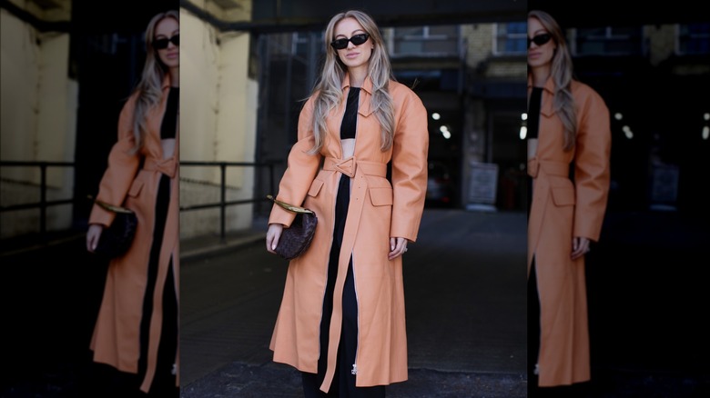 peach leather belted trench coat