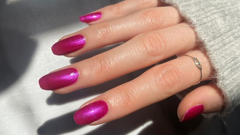 hot pink shimmery nails