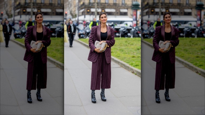 woman with purple striped matching set